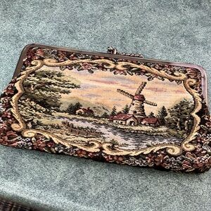 Vintage Tapestry Clutch with Windmill Design